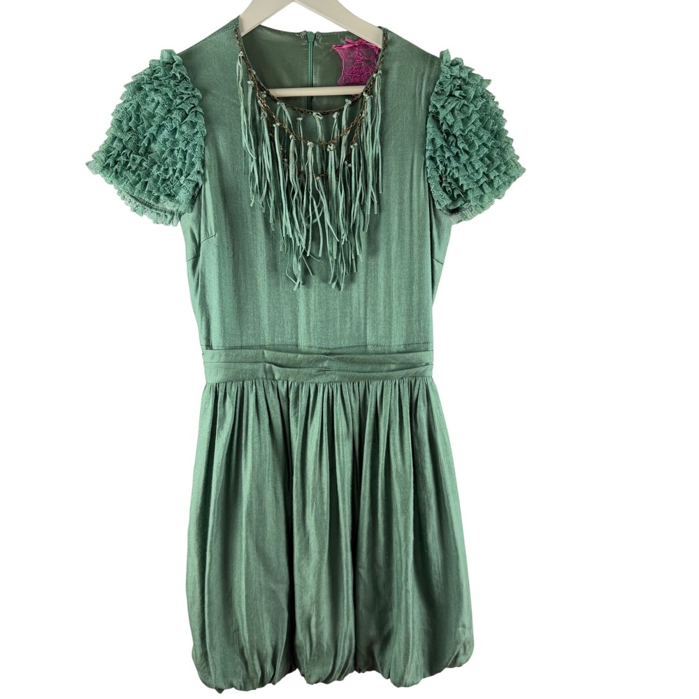 Twelve by Twelve Green Bubble Hem Mini Dress Fringe Chain Neck Ruffle Sleeve S